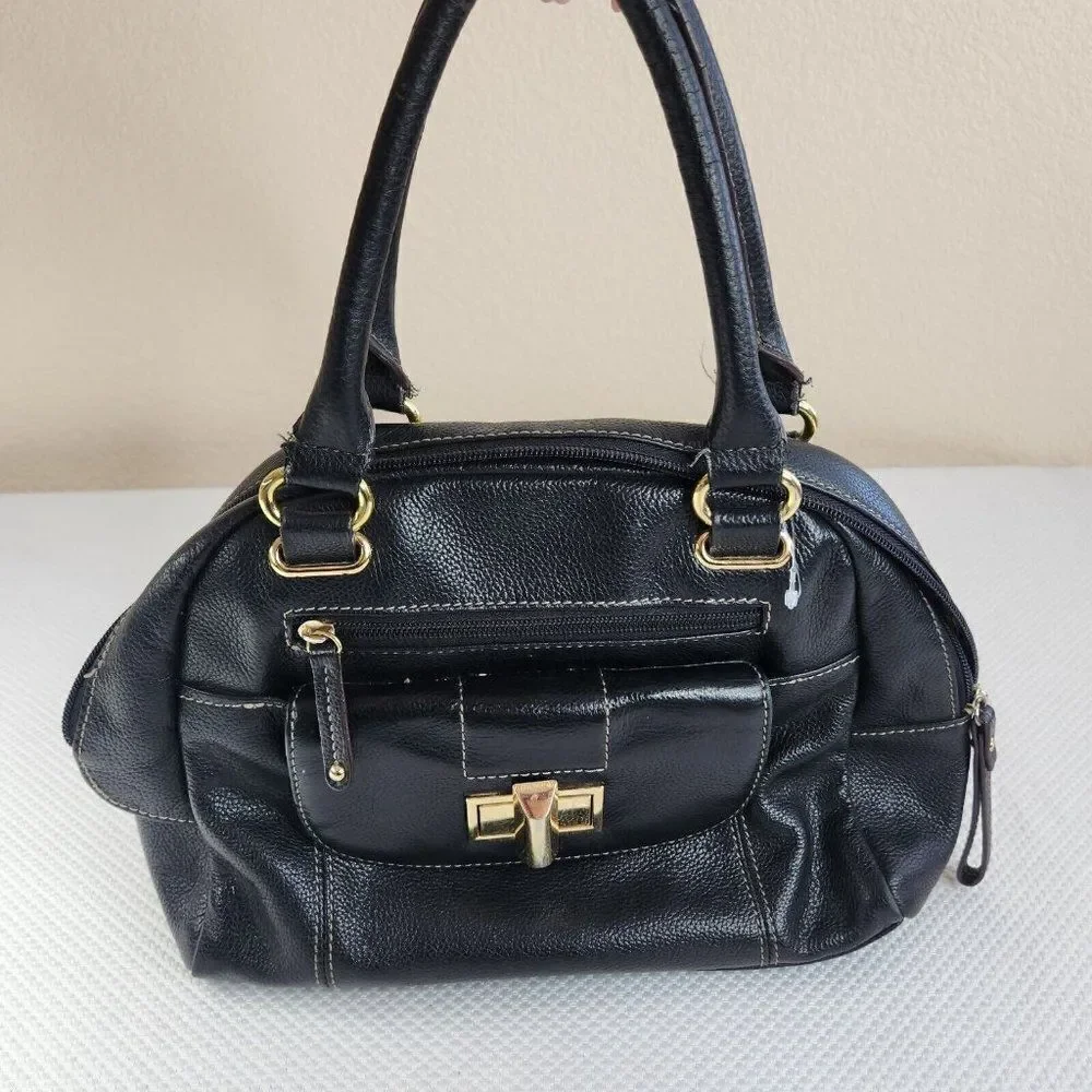 Tignanello Black Leather Striped Lining Satchel Tote Handbag Purse Top Handle